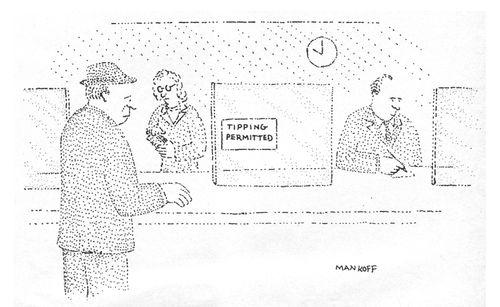 A customer in a bank sees a sign reading, "Tipping Permitted", beside a teller's window.
