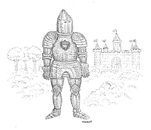 A knight wearing a full suit of armor with a doorknocker attached to his chest.