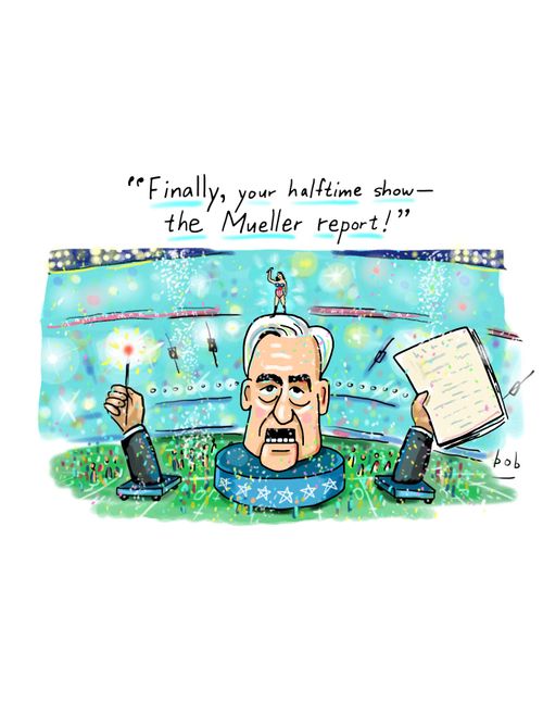 "Finally, your halftime show - the Mueller report!"
