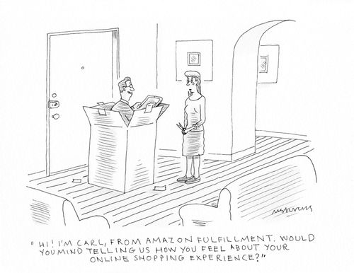 "Hi! I'm Carl, from Amazon fulfillment. Would you mind telling us how you feel about your online shopping experience?"