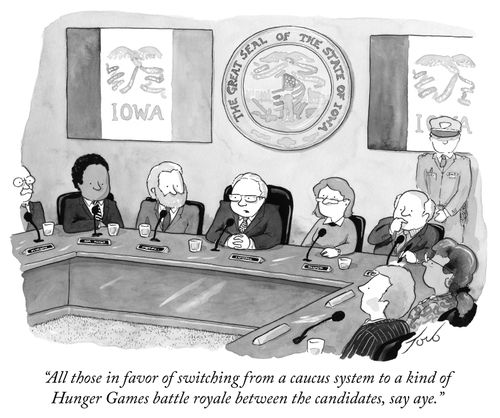 "All those in favor of switching from a caucus system to a kind of Hunger Games battle royale between the candidates, say aye."