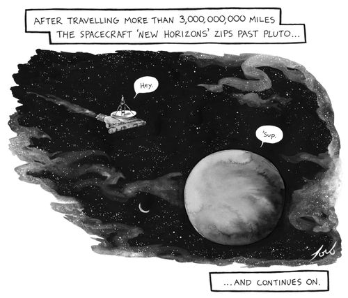 After travelling mroe than 3,000,000,000 miles the spacecraft 'New Horizons' zups past Pluto... ... and continues on."
