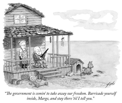 "The government is comin' to take away our freedom. Barricade yourself inside, Marge, and stay there 'til I tell you."