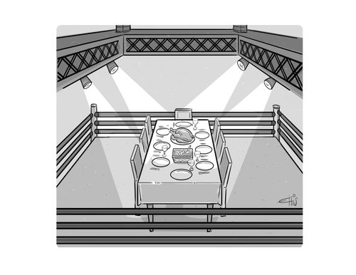 A thanksgiving dinner in a boxing ring