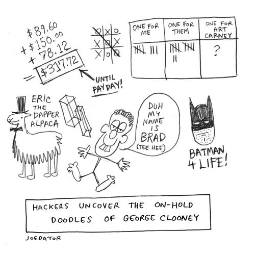 "Hackers uncover the on-hold doodles of George Clooney."