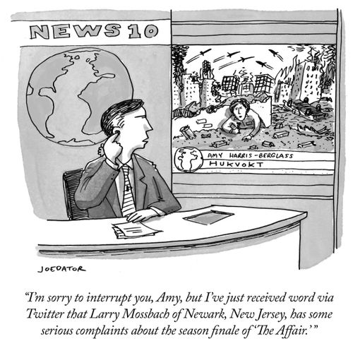 "I'm sorry to interrupt you, Amy, but I've just received word via Twitter that Larry Mossbach of Newark, New Jersey, has some serious complaints about the season finale of 'The Affair'."