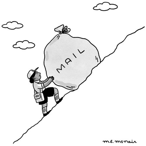 Mail lady pushes the mail up a mountain.