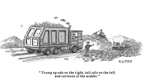 "Trump op-eds on the right, tell-alls on the left and cartoons in the middle."