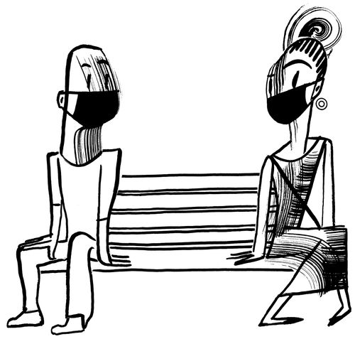 Two strangers catch each other's eye whilst social distancing.