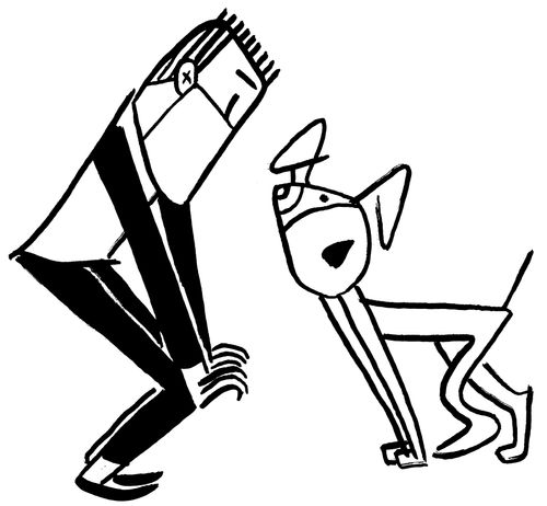 Man pets a dog during COVID-19.