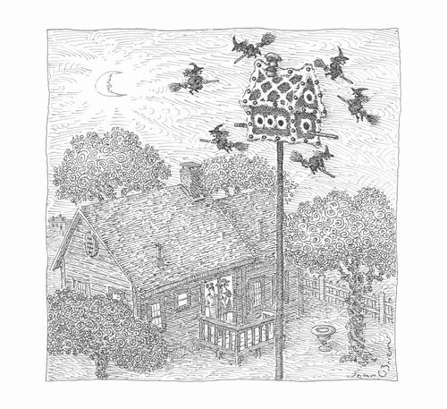 A couple watch apprehensively as six witches fly around their gingerbread birdhouse