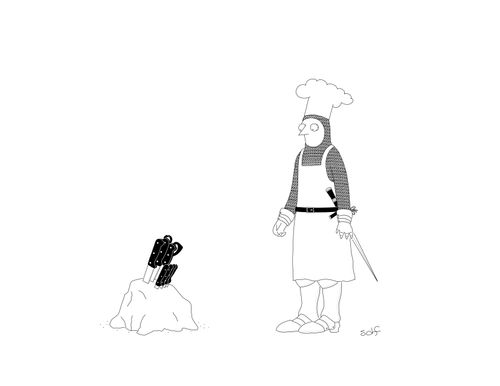 An anxious knight stares at chef's knives embedded in a stone