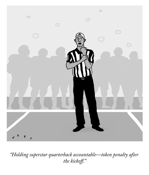 "Holding superstar quarterback accountable—token penalty after the kickoff."
