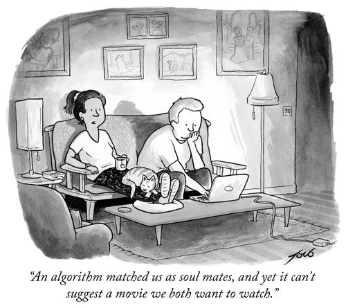 "An algorithm matched us as soul mates, and yet it can't suggest a movie we both want to watch."