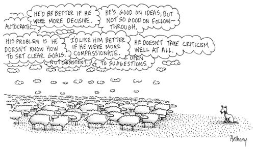 A flock of sheep's thoughts on their sheepdog.