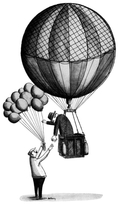 Man in hot air balloon buys balloons