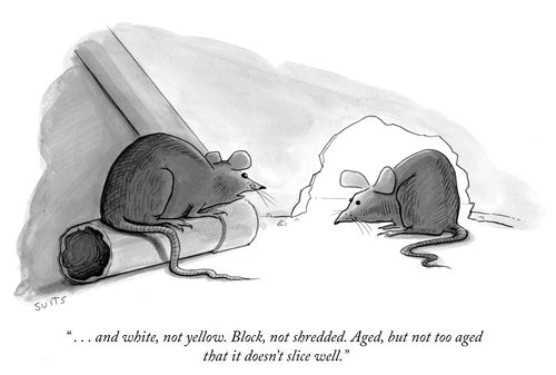 " . . . and white, not yellow. Block, not shredded. Aged, but not too aged that it doesn't slice well."