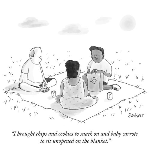 "I brought chips and cookies to snack on and baby carrots to sit unopened on the blanket."