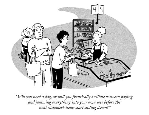  "Will you need a bag, or will you frantically oscillate between paying and jamming everything into your own tote before the next customer's items start sliding down?"