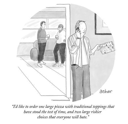"I'd like to order one large pizza with traditional toppings that have stood the test of time..."
