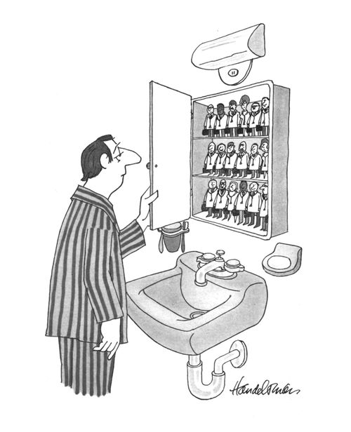 A man opens a medicine cabinet to find a bunch of doctors.