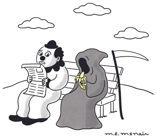 Clown looks nervously at Grim Reaper eating a banana next to him.