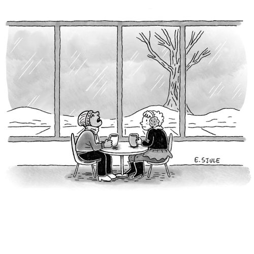 Two people are sat in a cold café having hot chocolate. 