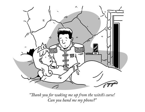 "Thank you for waking me up from the witch's curse! Can you hand me my phone?"