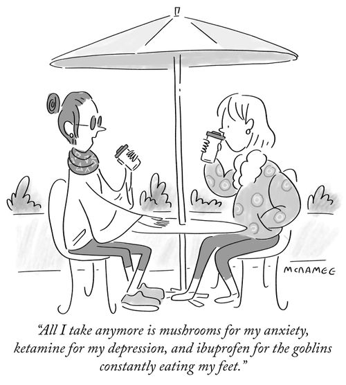 "All I take anymore is mushrooms for my anxiety, ketamine for my depression, and ibuprofen for the goblins constantly eating my feet."