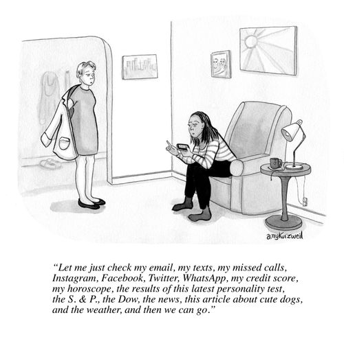 "Let me just check my email, my texts, my missed calls, Instagram, Facebook, Twitter, WhatsApp, my credit score, my horoscope, the results of this latest personality test, the S. & P., the Dow, the news, this article about cute dogs, and the weather, and then we can go."