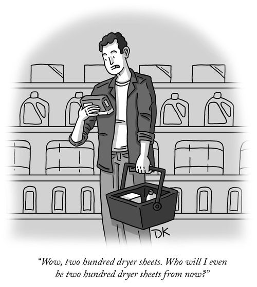 "Wow, two hundred dryer sheets. Who will I even be two hundred dryer sheets from now?"