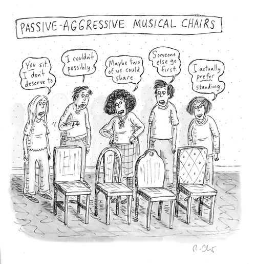 "Passive-aggressive musical chairs."  "You sit. I don’t deserve to"  "I couldn’t possibly."  "Maybe two of us could share."  "Someone else go first."  "I actually prefer standing."