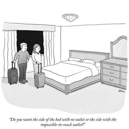 "Do you want the side of the bed with no outlet or the side with the impossible-to-reach outlet?"