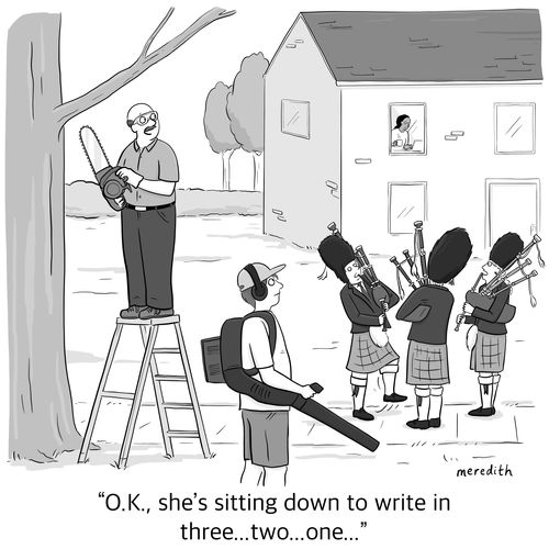 "O.K., she's sitting fown to write in three...two....one...."
