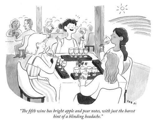 "The fifth wine has bright apple and pear notes, with just the barest hint of a blinding headache."