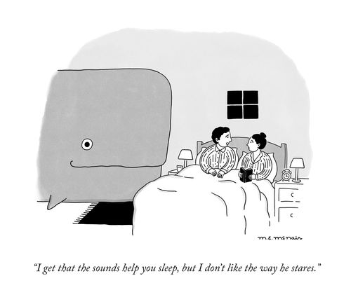 “I get that the sounds help you sleep, but I don’t like the way he stares.”