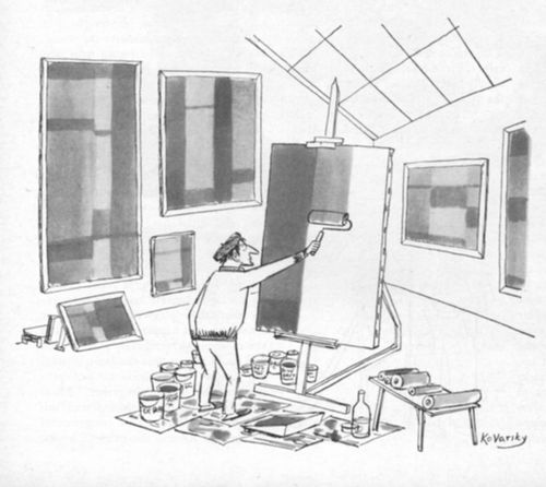 Artist using a paint roller to make abstract paintings