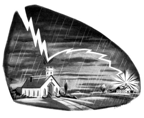 A lightning bolt bounces from a church and hits a house.