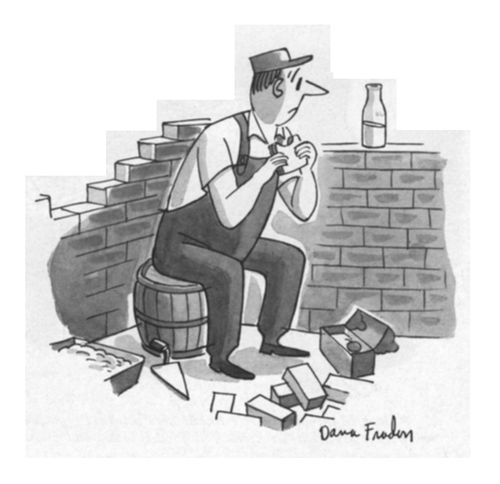 Workman eating lunch sees that the wall is not level.
