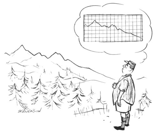 A man looks at the shape of some mountains in the distance and is reminded of a line graph.