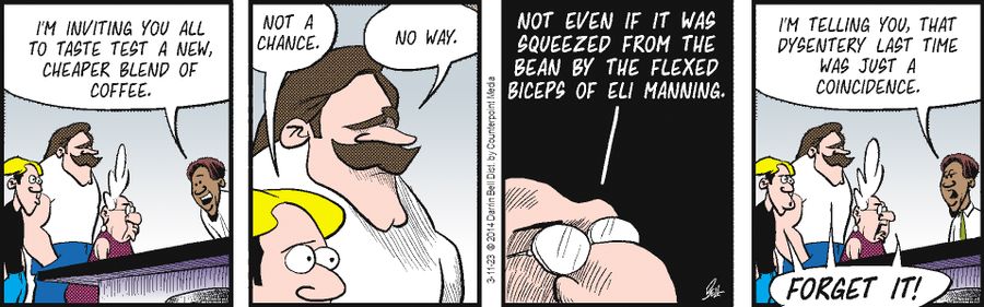 "I'm inviting you all to taste test a new, cheaper blend of coffee."