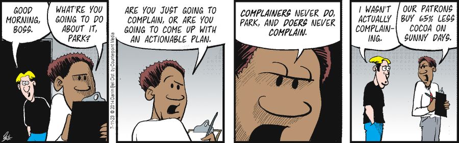 "Our patrons buy 50% less cocoa on sunny days."