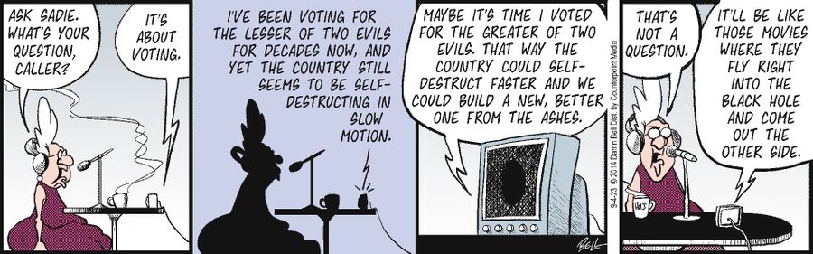 "I've been voting for the lesser of two evils for decades now, and yet the country still seems to be self-destructing in slow motion."
