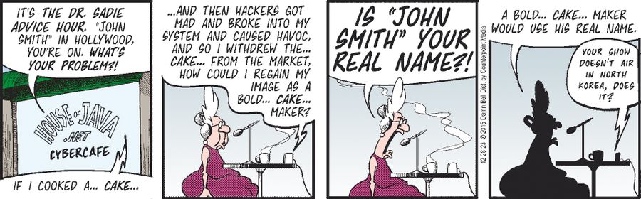 "If I cooked a . . . cake. . . and then hackers got mad and broke into my system and caused havoc and so I withdrew the .... cake.....from the market. How could I regain my image as a bold....cake....maker?....Your show doesn't air in North Korea, does it?"