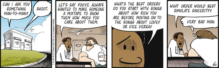 "Let's say you've always wanted to make someone a mixtape to show them how much you care about them. What's the best order? Do you start with songs about how rich you are before moving on to the songs about love? Or vice versa?. . .What order would best simulate sincerity?" 