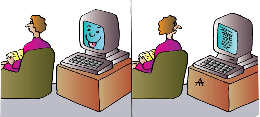 Computer pulls face at owner behind her back.