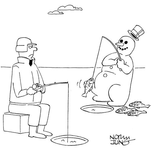 Ice fisherman sees snowman catching all the fish.