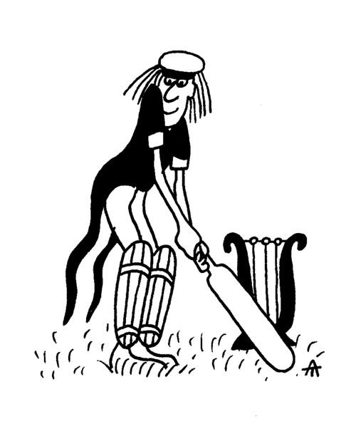 Cricketer playing with a harp as the wickets