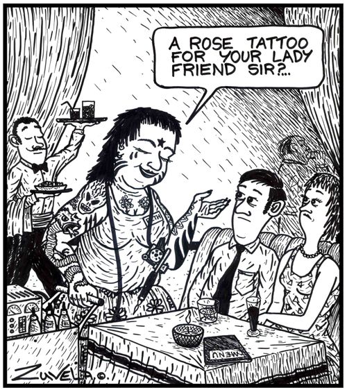 'A rose tattoo for your lady friend sir?...' A female Tattooist offering a rose tattoo, in the way of the old Rose Ladies in clubs and pubs
