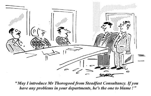 "May I introduce Mr Thorogood from Steadfast Consultancy. If you have any problems in your departments, he's the one to blame."